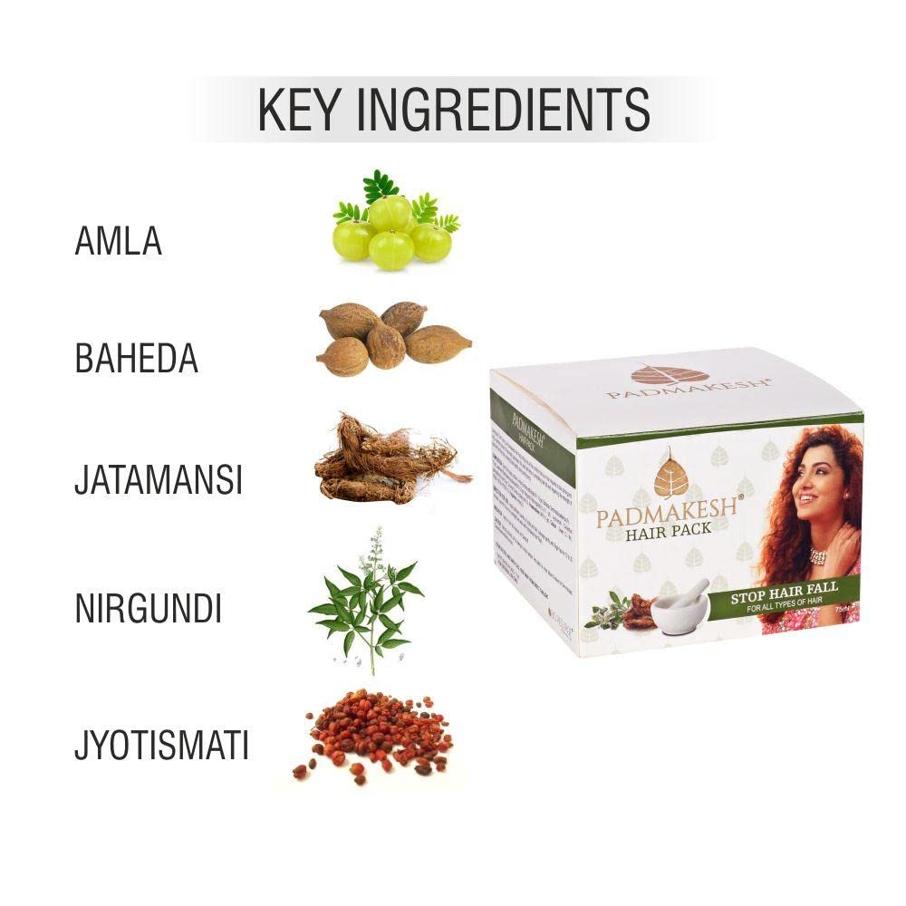 Padmakesh Hair Pack made with potent ayurvedic herbs like amla, baheda, jatamansi, nirguni and coconut oil to control Hair fall and remove dandruff