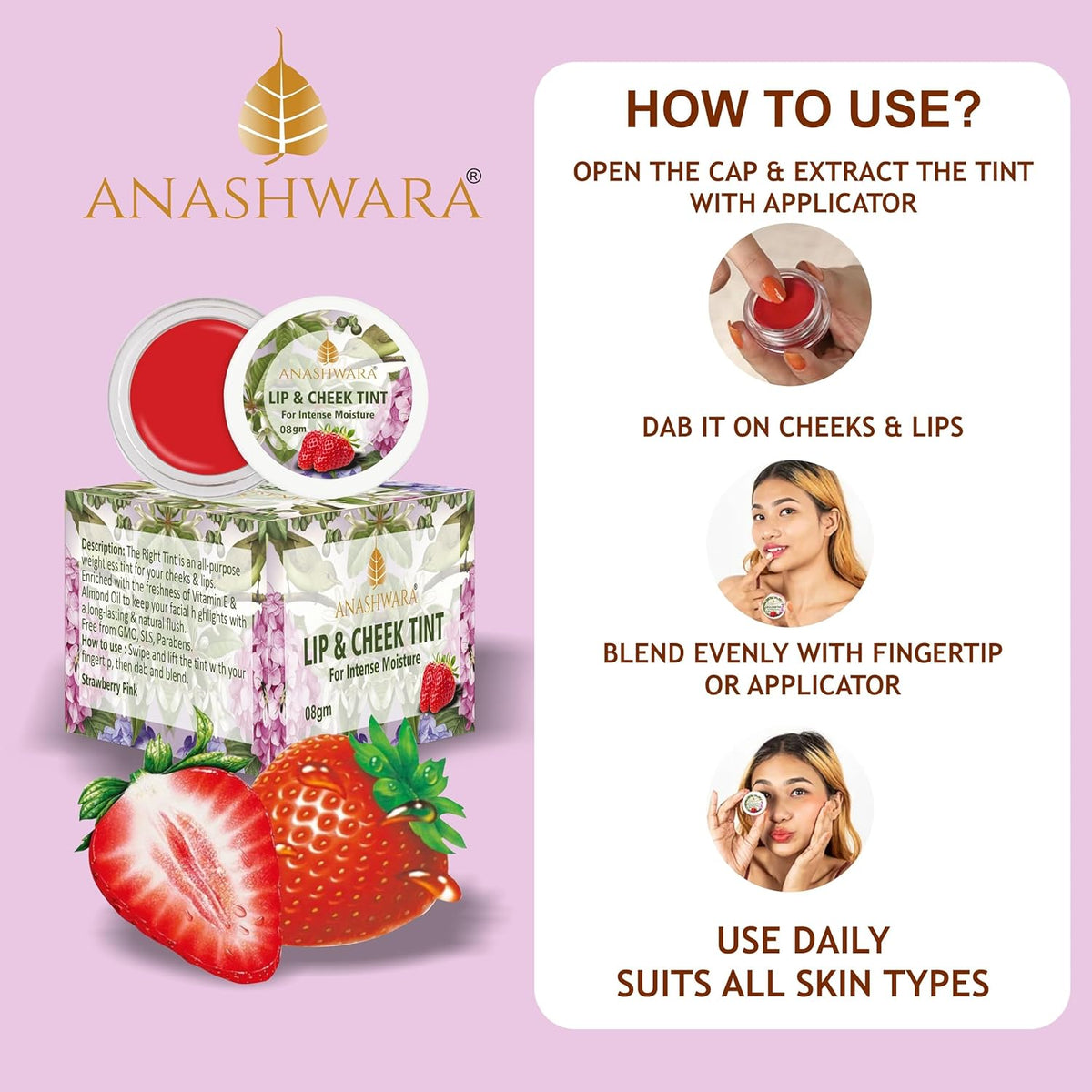 Lip And Cheek Tint For Lip Cheek And Eye, Rose Pink, Shea Butter, Almond Oil (Pack of: 1, 8 g)
